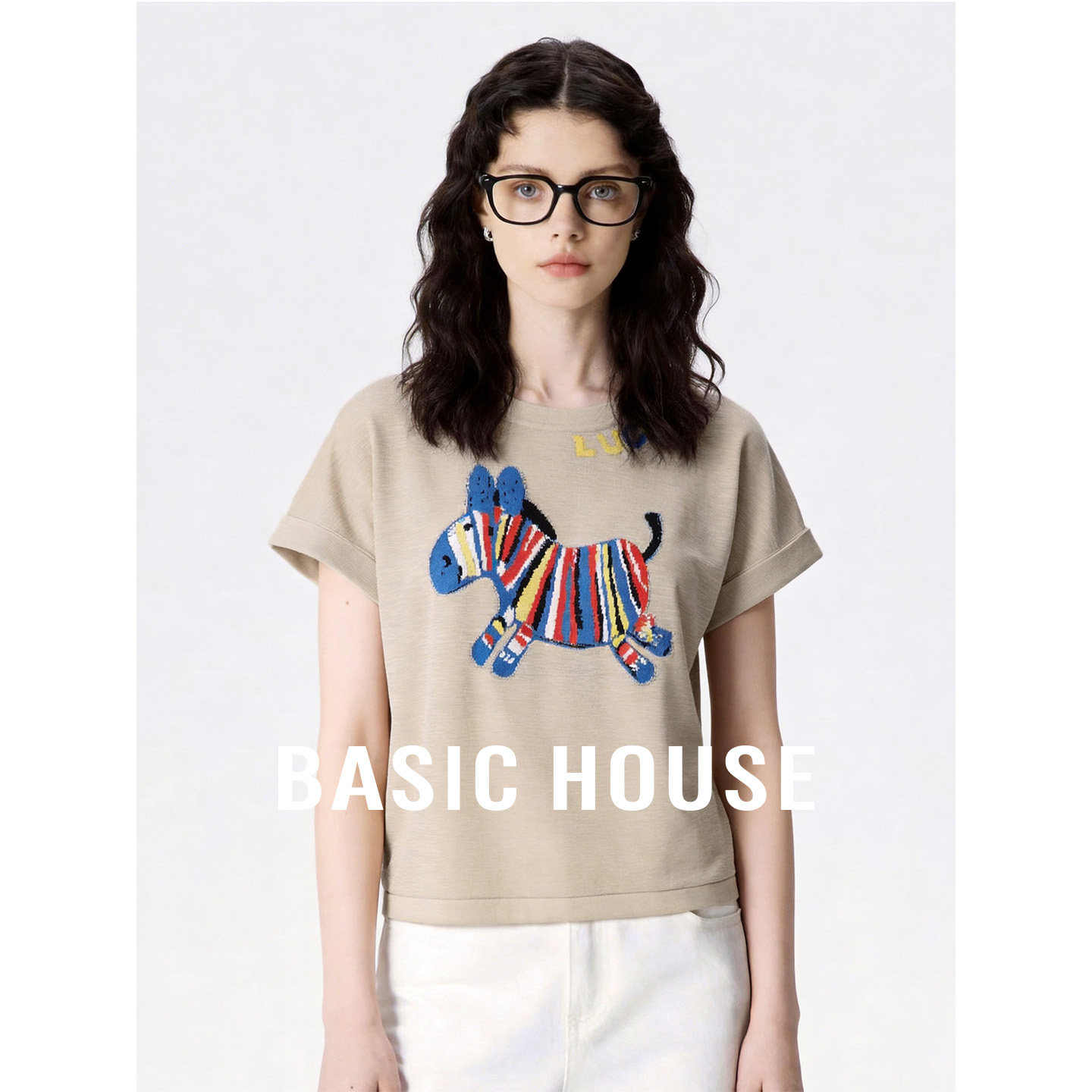 Basic House/百家好圆领小马刺绣设计感短袖针织衫女夏季百搭上衣