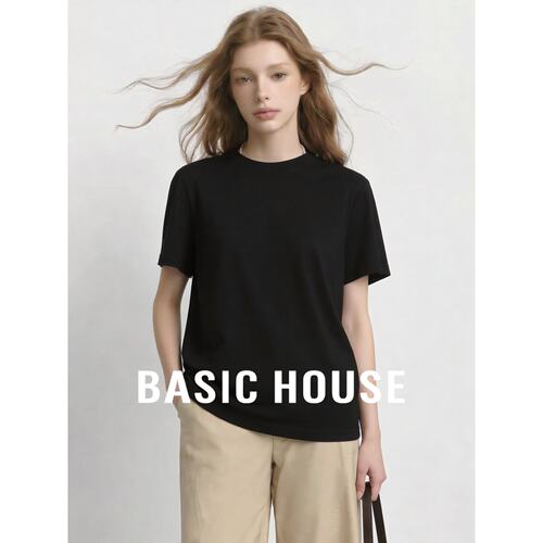 Basic House/百家好基础款圆领棉质短袖T恤女宽松百搭舒适上衣