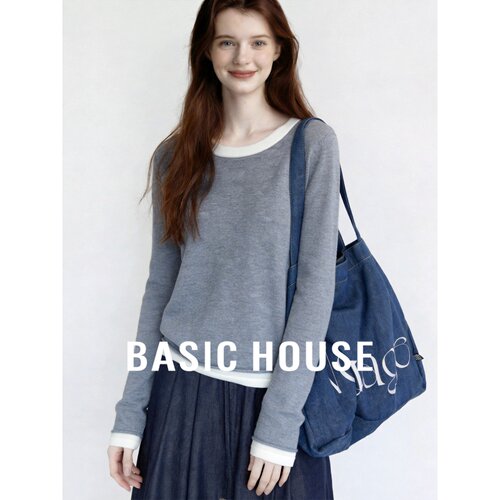 Basic House/百家好慵懒风圆领羊毛针织衫女灰色宽松百搭薄款上衣