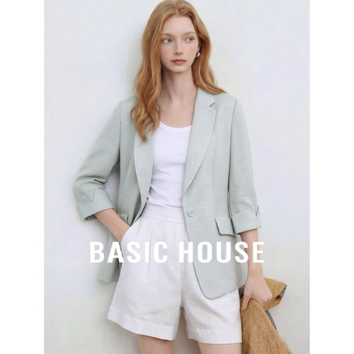 Basic House/百家好轻熟风翻领一粒扣西装外套女秋七分袖修身西服