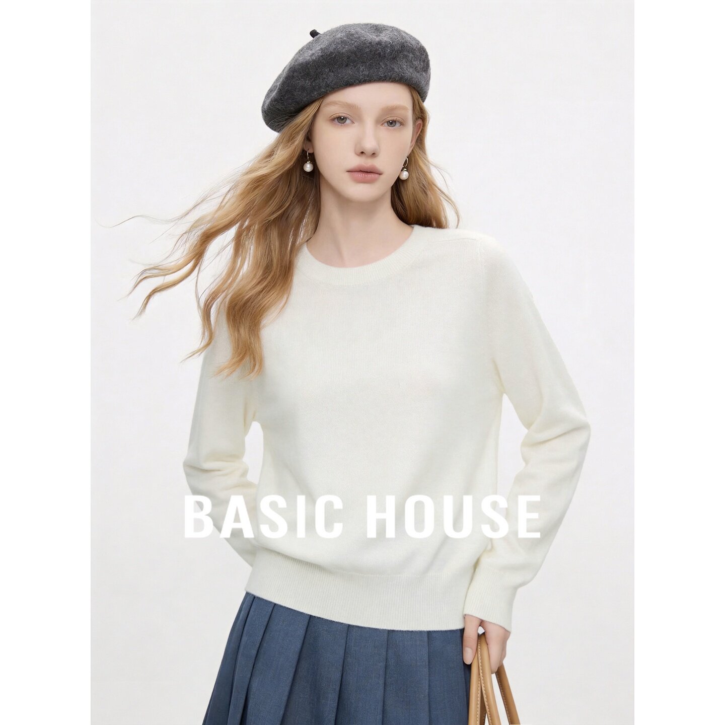 Basic House/百家好米白色圆领全羊毛针织衫纯色修身百搭长袖毛衣