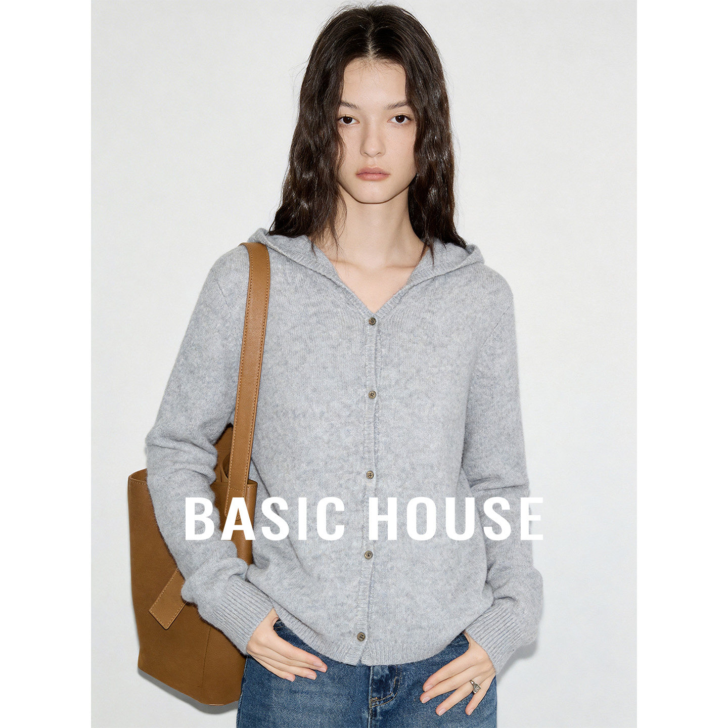Basic House/百家好灰色连帽简约针织开衫女夏季舒适宽松百搭外套