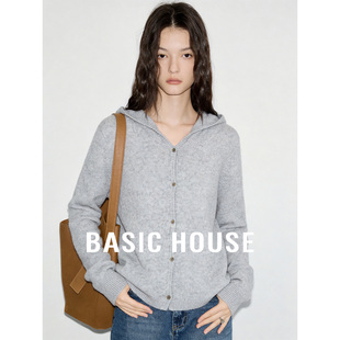 女春夏舒适宽松百搭外套 百家好灰色连帽简约针织开衫 Basic House