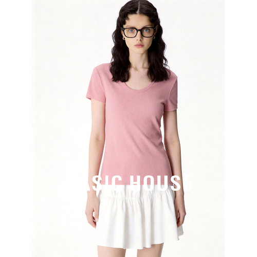 Basic House/百家好粉色减龄舒适百搭上衣女夏季透气显瘦短袖T恤