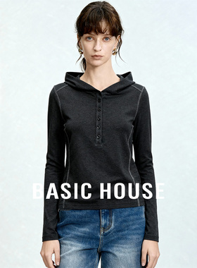 Basic House/百家好连帽纯色简约T恤女春季新款宽松短款长袖上衣