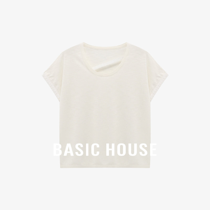 Basic House/百家好舒适莱赛尔亚麻镂空蕾丝拼接轻薄套头针织衫女
