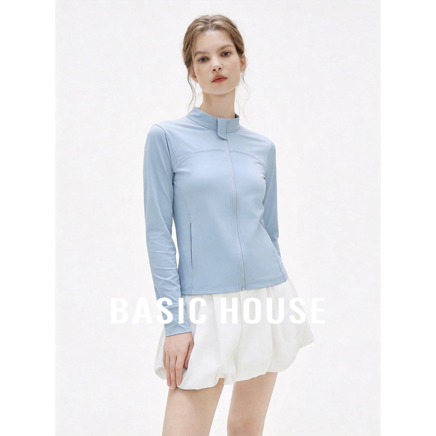 Basic House/百家好蓝色修身立领拉链防晒服女夏薄款显瘦时尚外套