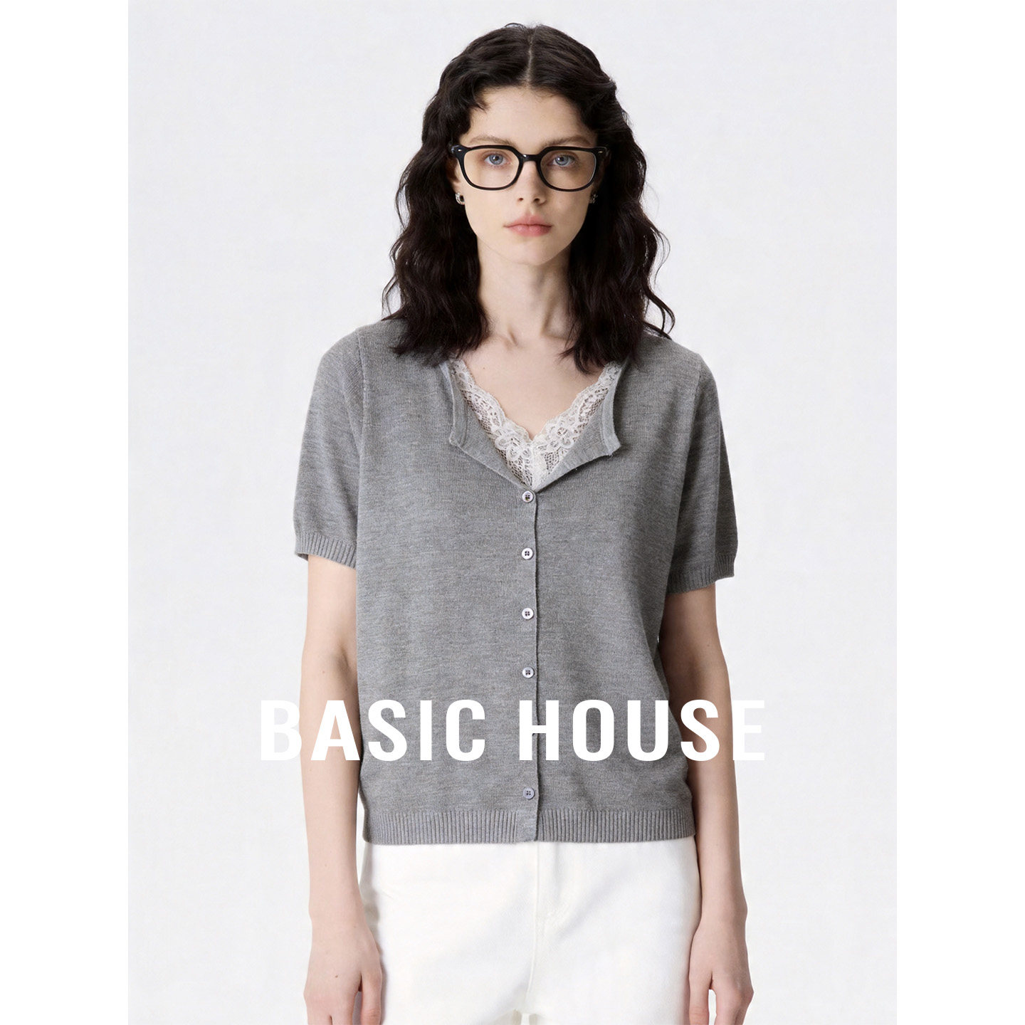 Basic House/百家好假两件蕾丝拼接针织衫女夏季新款短袖宽松上衣
