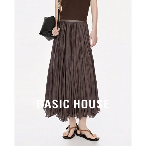 Basic House/百家好秋季咖色松紧腰垂感褶皱优雅中长新款半身裙
