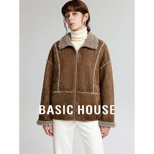 Basic House/百家好翻领拉链皮毛一体短款外套女秋冬加厚保暖上衣