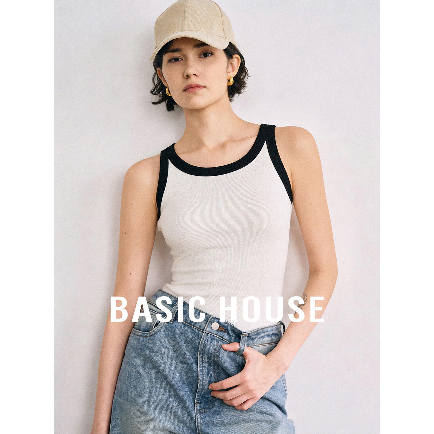 Basic House/百家好撞色绵羊毛针织吊带女26夏季必备弹力内搭背心