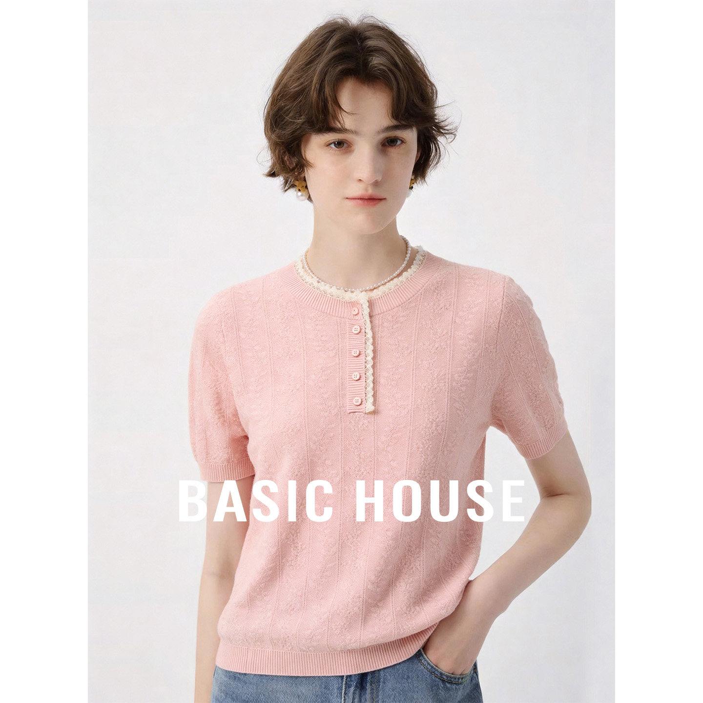 Basic House/百家好粉色圆领设计感短袖针织衫女夏季减龄百搭上衣