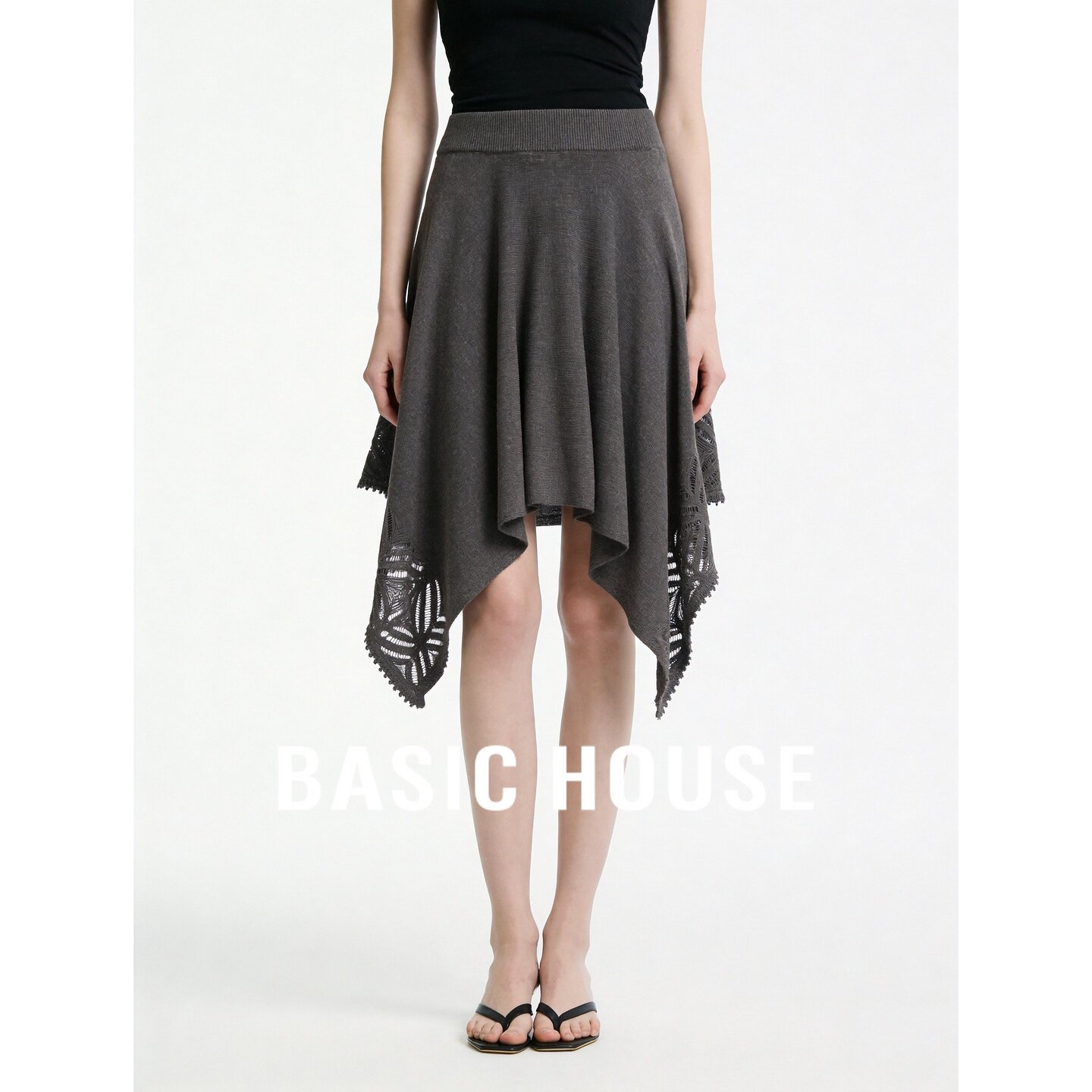 Basic House/百家好灰色不规则半身裙女中长款针织镂空下摆裙