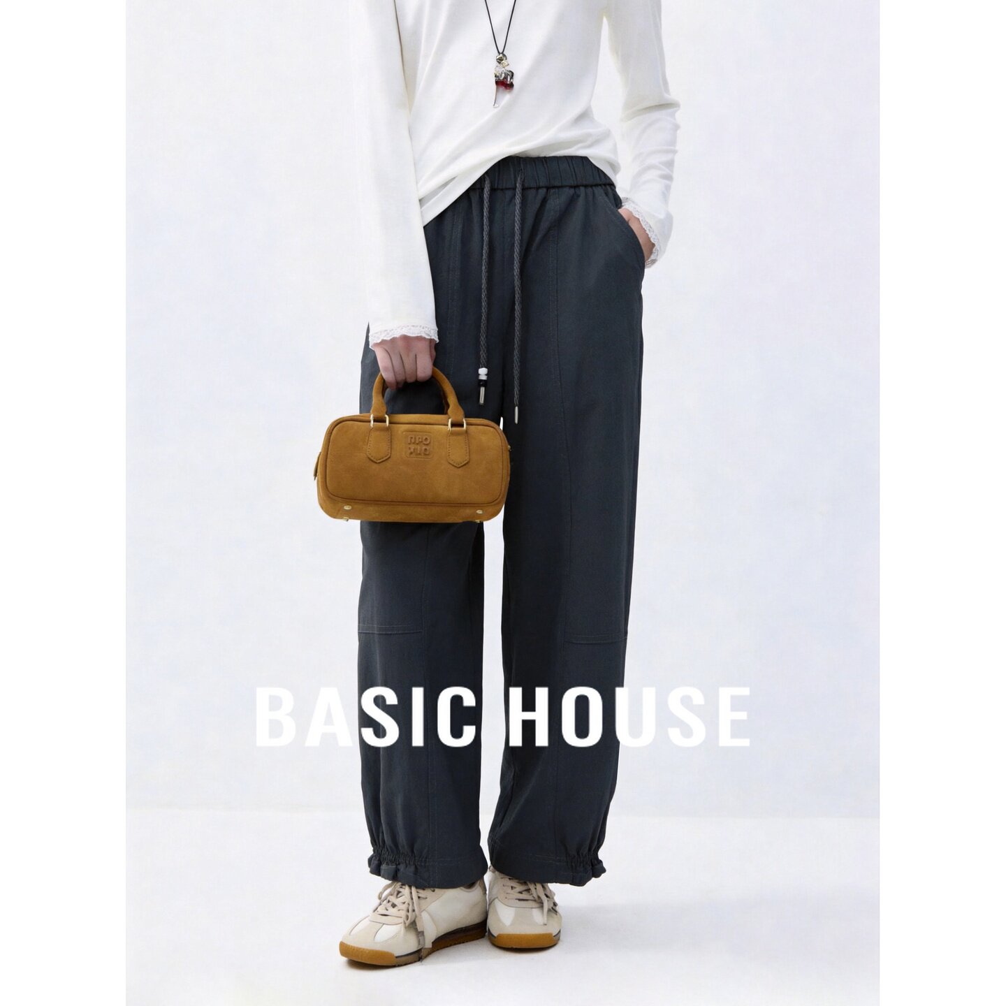 Basic House/百家好2026秋季棉质浅灰色抽绳宽松百搭休闲灯笼裤女