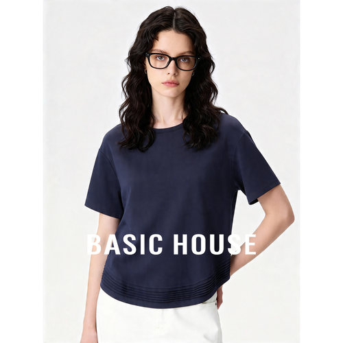 Basic House/百家好纯色圆领宽松短袖T恤2026夏季压褶下摆上衣