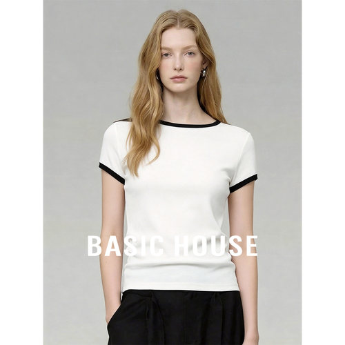 Basic House/百家好圆领撞色莱赛尔T恤女26夏季宽松透气百搭上衣