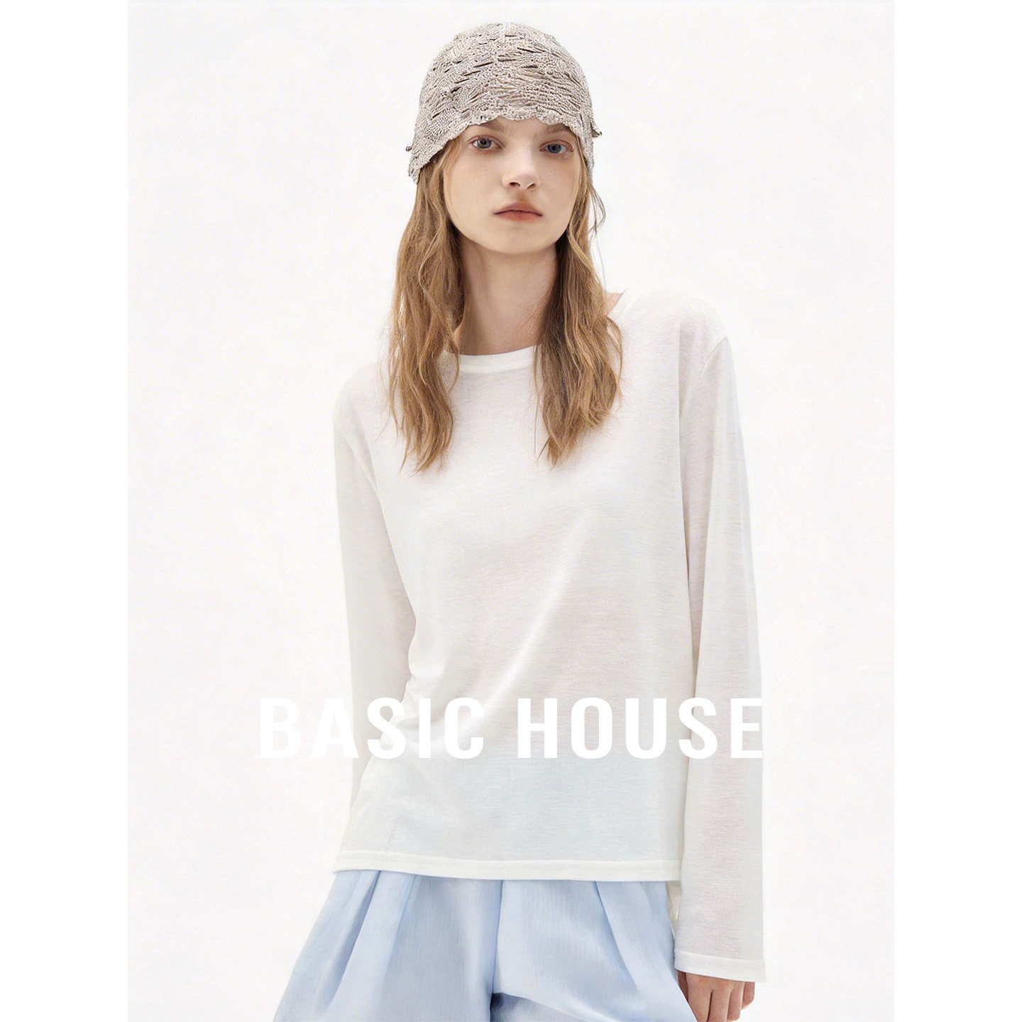 Basic House/百家好纯色蕾丝拼接镂空T恤慵懒莱赛尔圆领宽松上衣