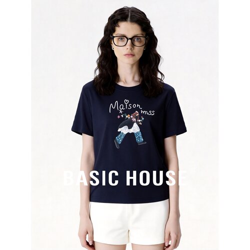 Basic House/百家好26夏季纯色圆领休闲百搭上衣女刺绣超好看T恤