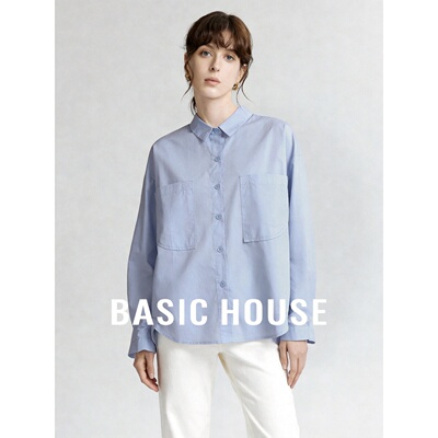 Basic House/百家好简约蓝色长袖衬衫女翻领口袋百搭衬衫职场穿搭
