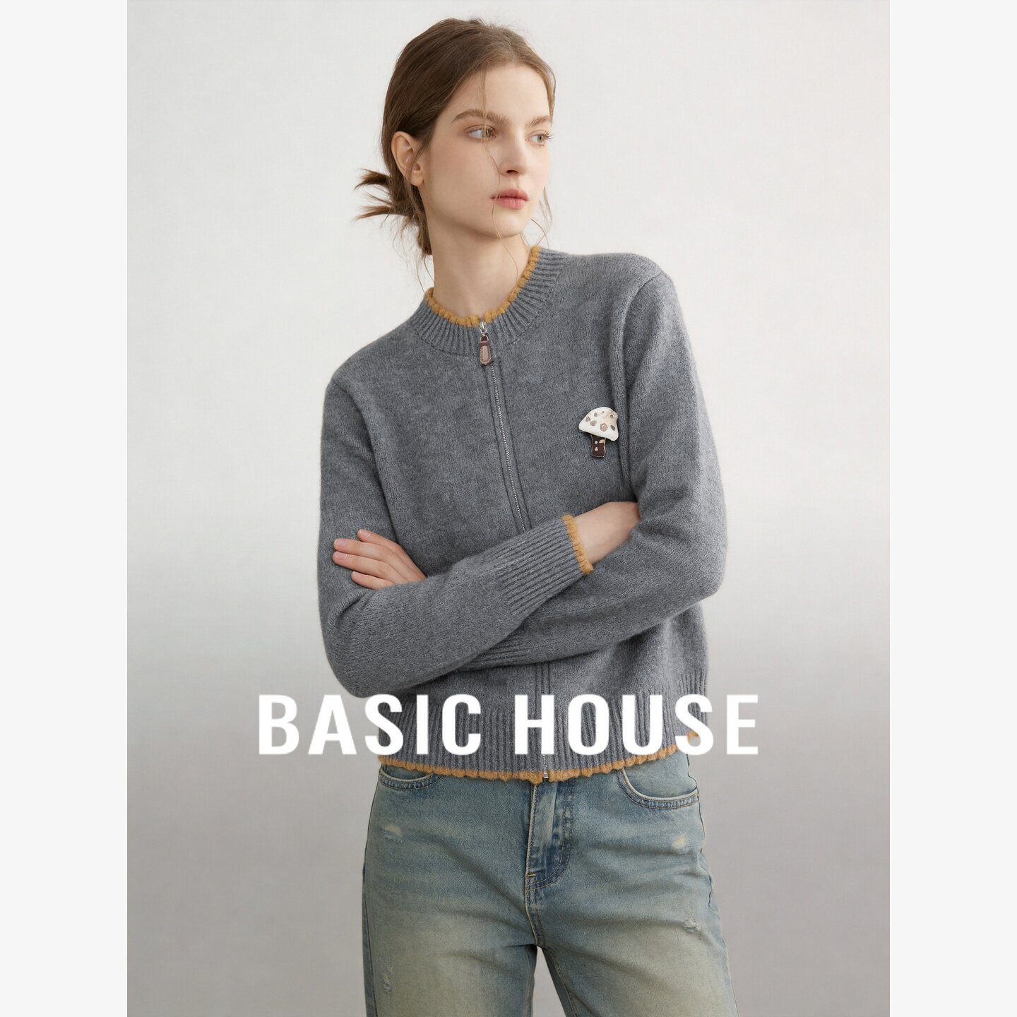 Basic House/百家好韩系圆领拉链针织开衫女立体装饰减龄毛衣外套