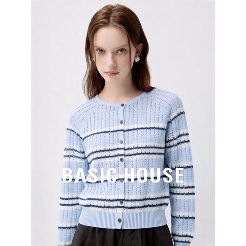 Basic House/百家好莱赛尔条纹镂空针织开衫单排扣薄款上衣女秋季