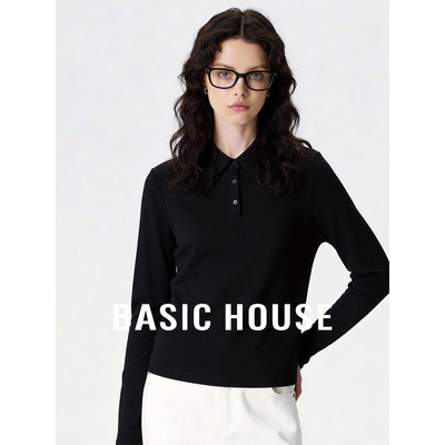 Basic House/百家好极简Polo领纯色T恤女2026春季桑蚕丝长袖上衣
