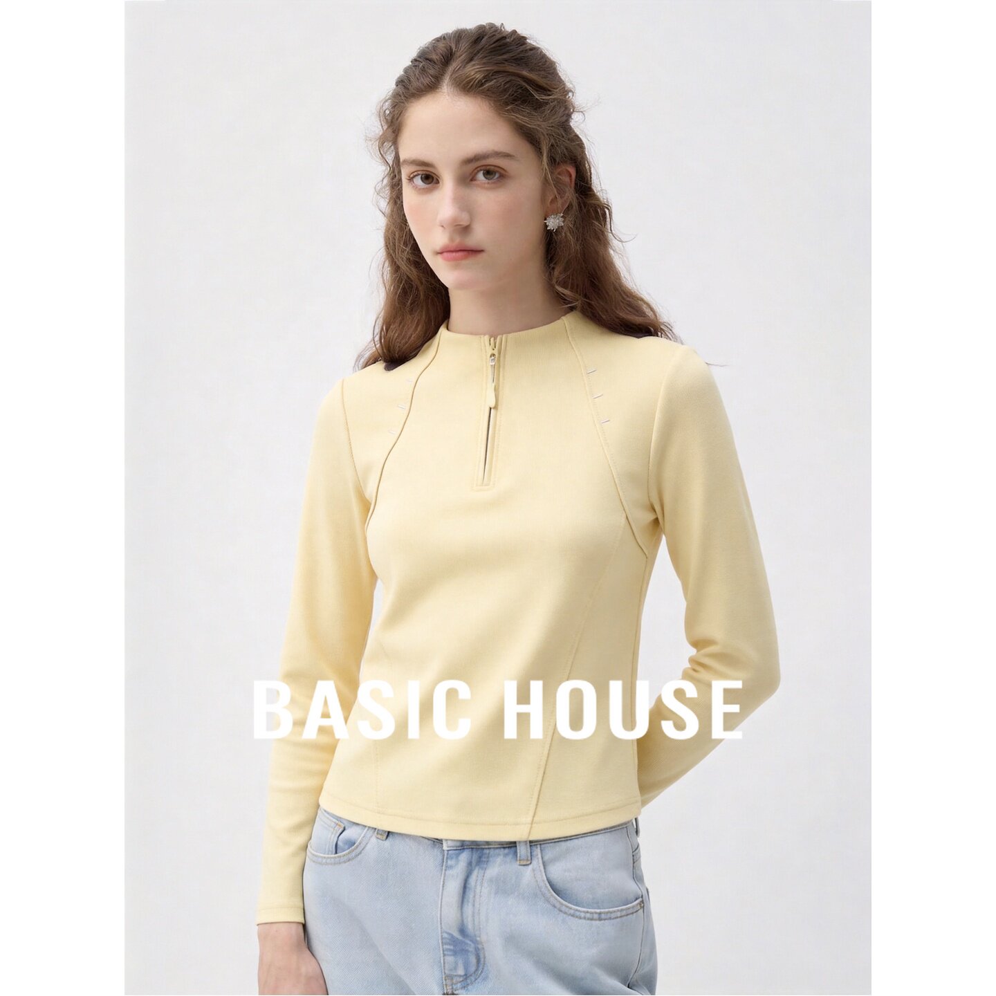 Basic House/百家好简约半拉链立领长袖T恤女百搭显瘦设计感上衣