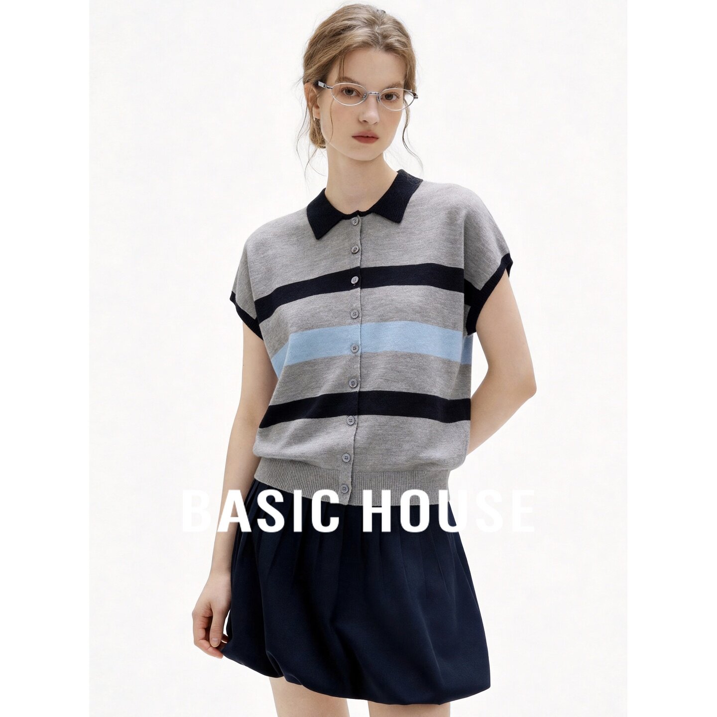 Basic House/百家好花灰条纹翻领短袖针织衫女26夏季薄款舒适上衣