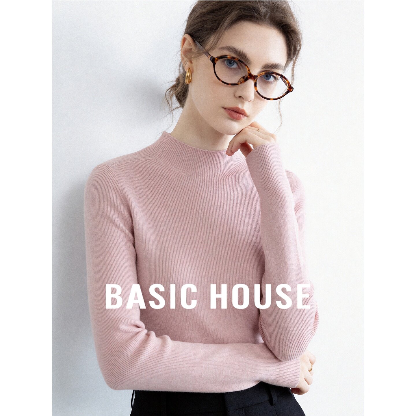 Basic House/百家好优雅半高领羊毛针织衫女秋季新款修身毛衣粉色