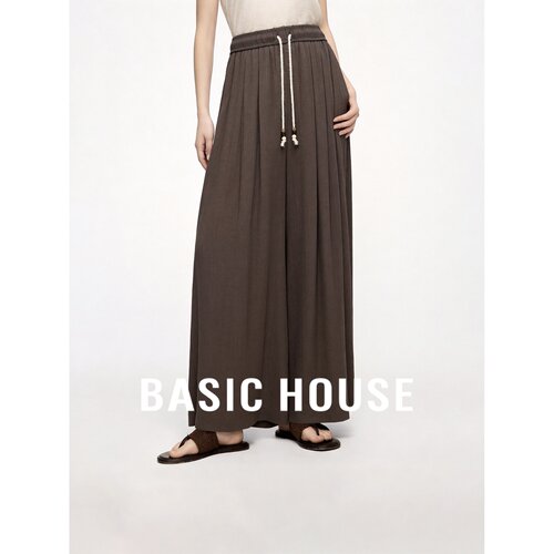 Basic House/百家好全莱赛尔咖色阔腿裤女高腰简约宽松百搭休闲裤