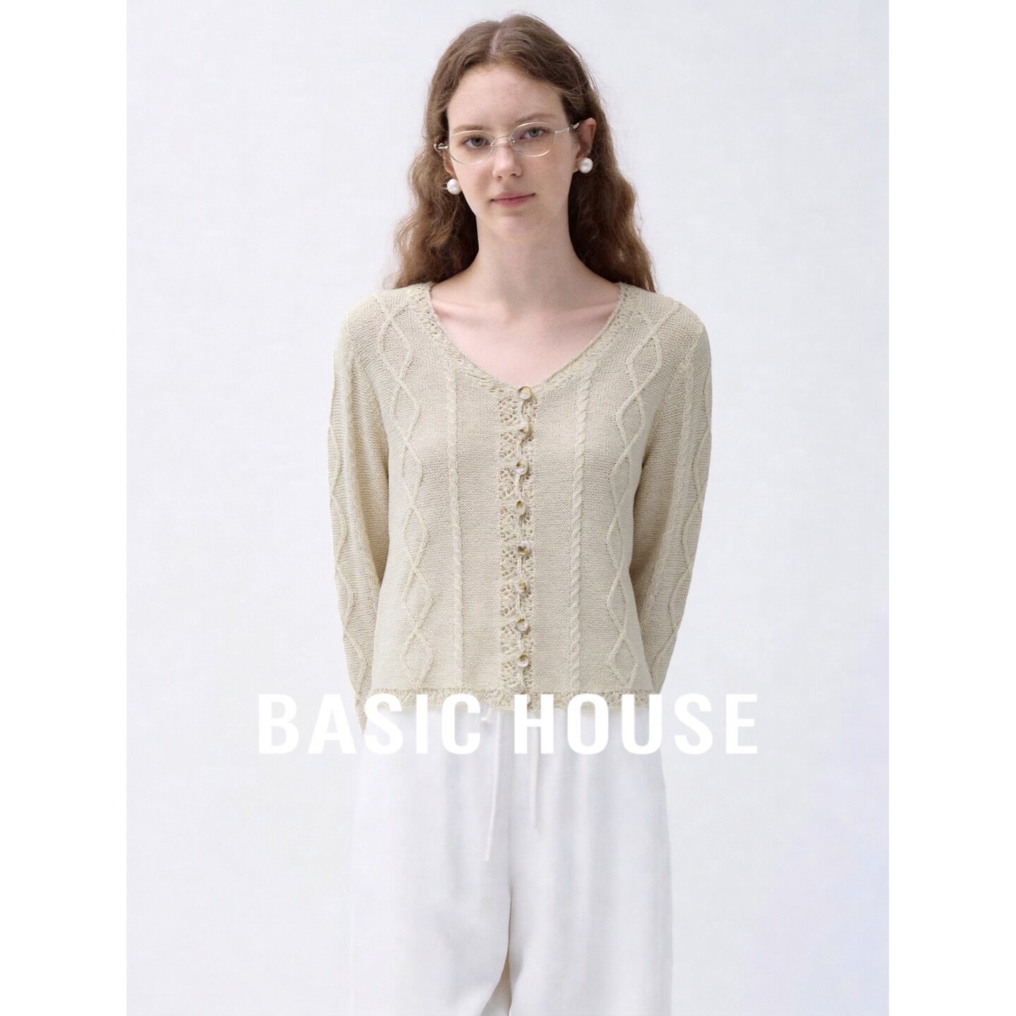 Basic House/百家好莱赛尔亚麻蕾丝宽松薄款针织开衫女士日常百搭