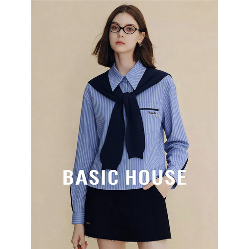 Basic House/百家好蓝条纹衬衫女新款学院风可拆卸披肩假两件上衣