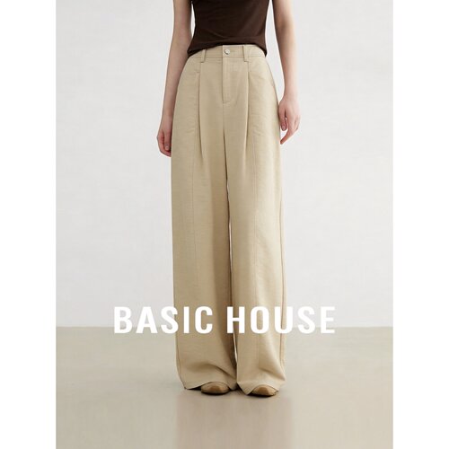 Basic House/百家好高腰阔腿裤女卡其色垂感宽松通勤极简显瘦新款