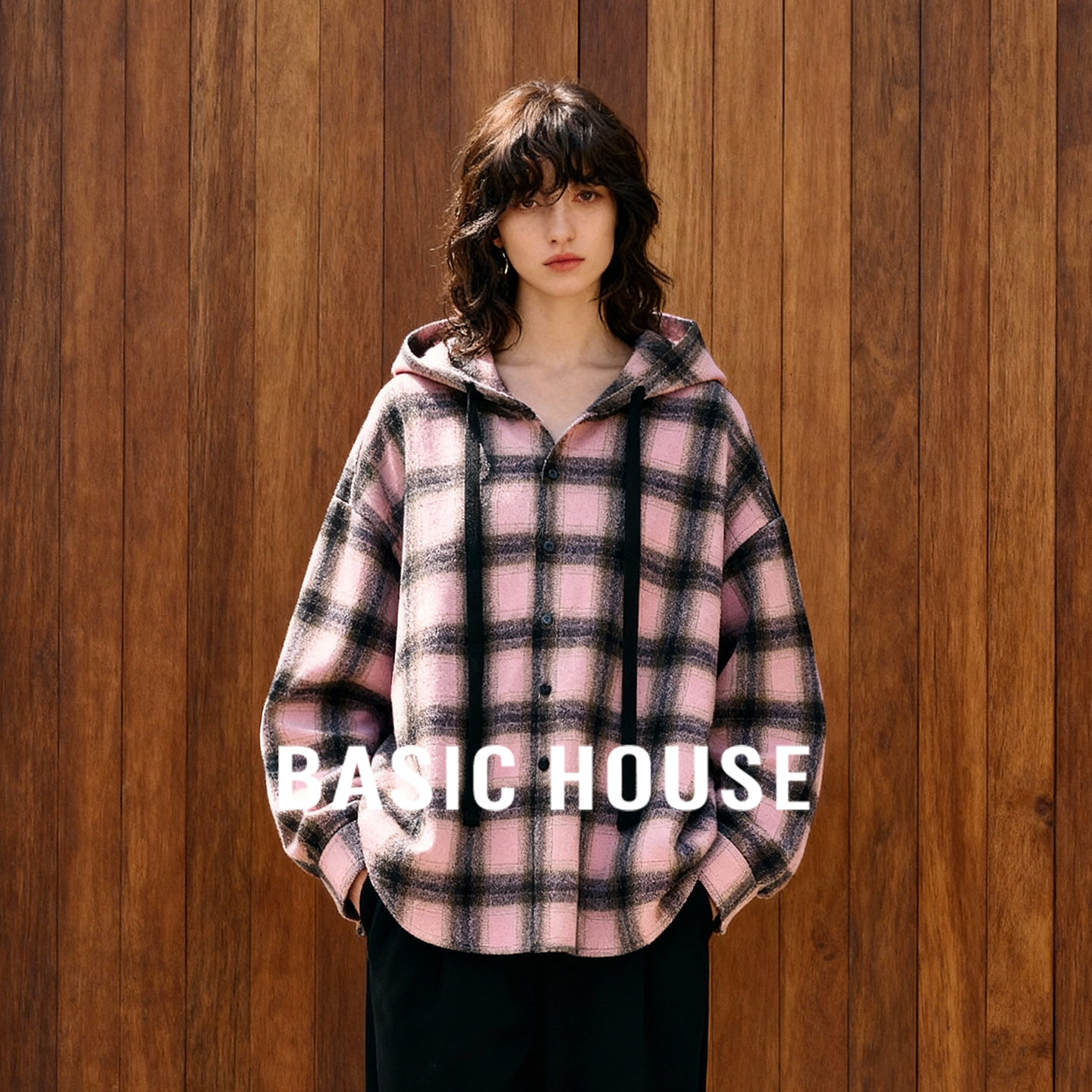 Basic House/百家好连帽撞色格子宽松廓形外套复古绵羊毛外搭上衣