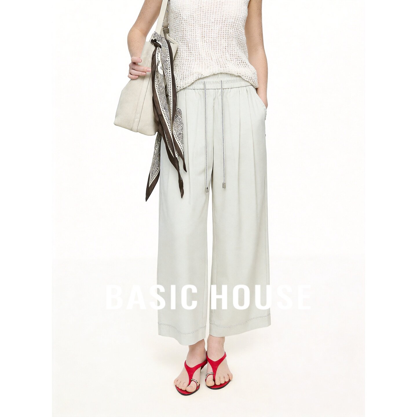Basic House/百家好简约高腰阔腿裤女夏系带九分休闲裤遮肉直筒裤
