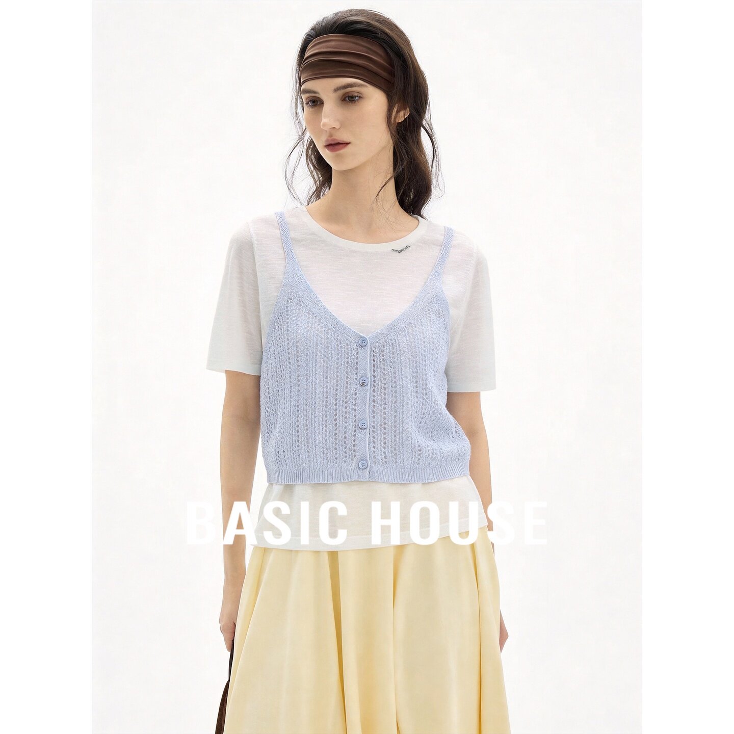 Basic House/百家好假两件V领短袖针织衫女夏季蓝色轻薄透气上衣