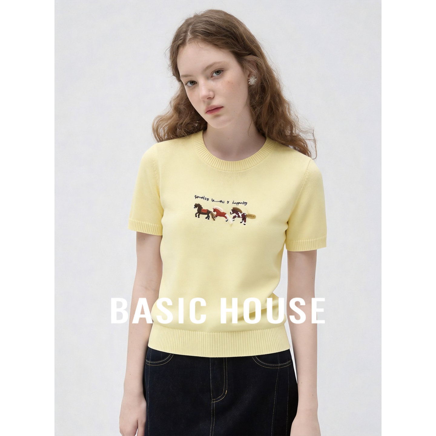 Basic House/百家好黄色亚麻亲肤短袖针织衫女夏季莱赛尔薄款上衣