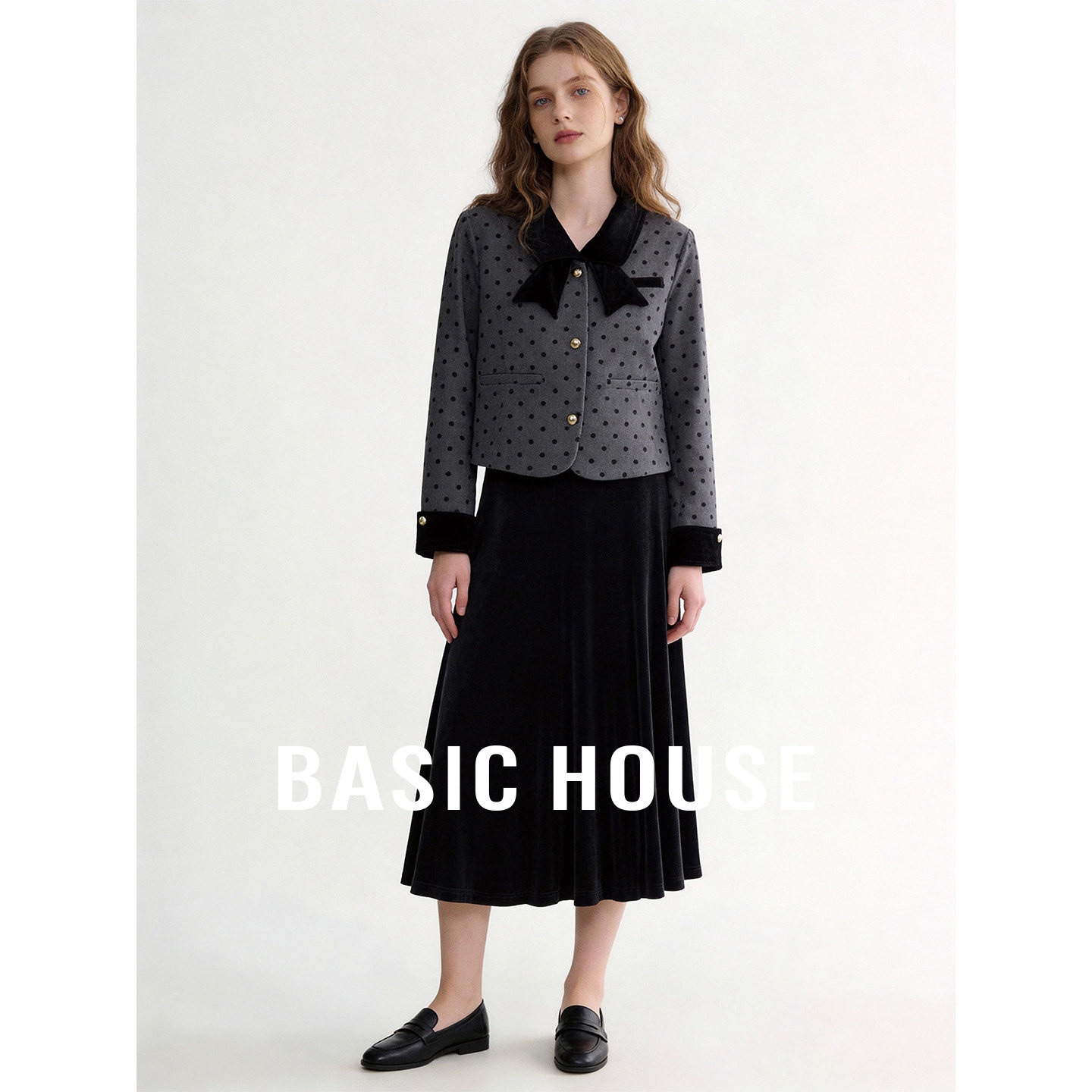 Basic House/百家好小香风套装圆点短款外套高腰长款半身裙两件套
