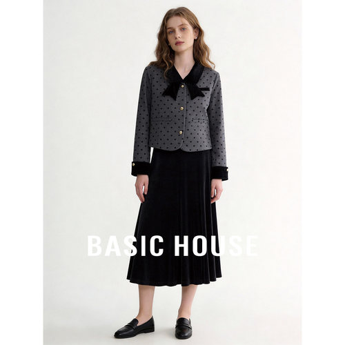 Basic House/百家好小香风套装圆点短款外套高腰长款半身裙两件套