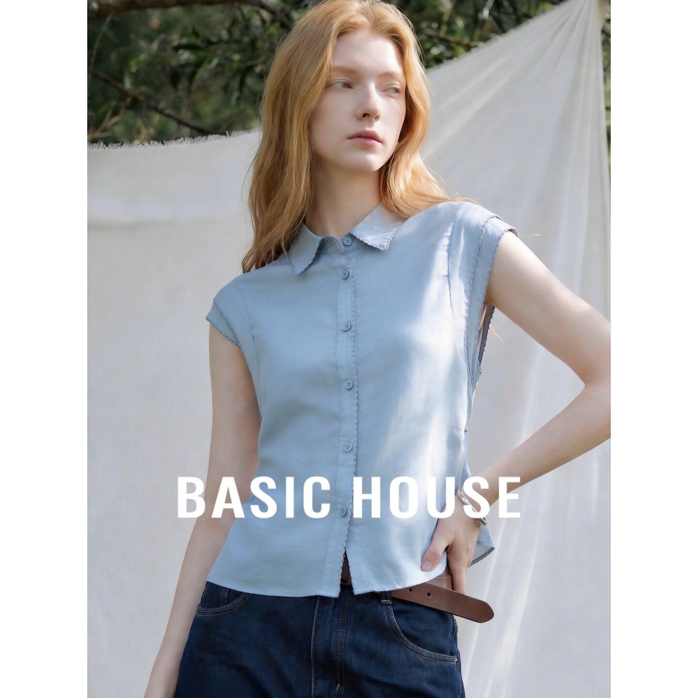 Basic House/百家好莱赛尔极简风polo领蓝色无袖衬衫透气通勤上衣