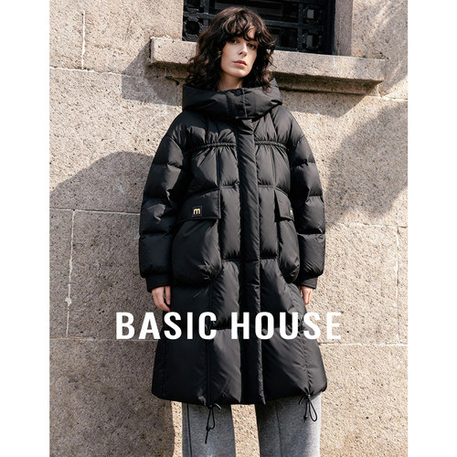 Basic House/百家好加厚保暖白鸭绒羽绒服女秋冬宽松百搭长款外套