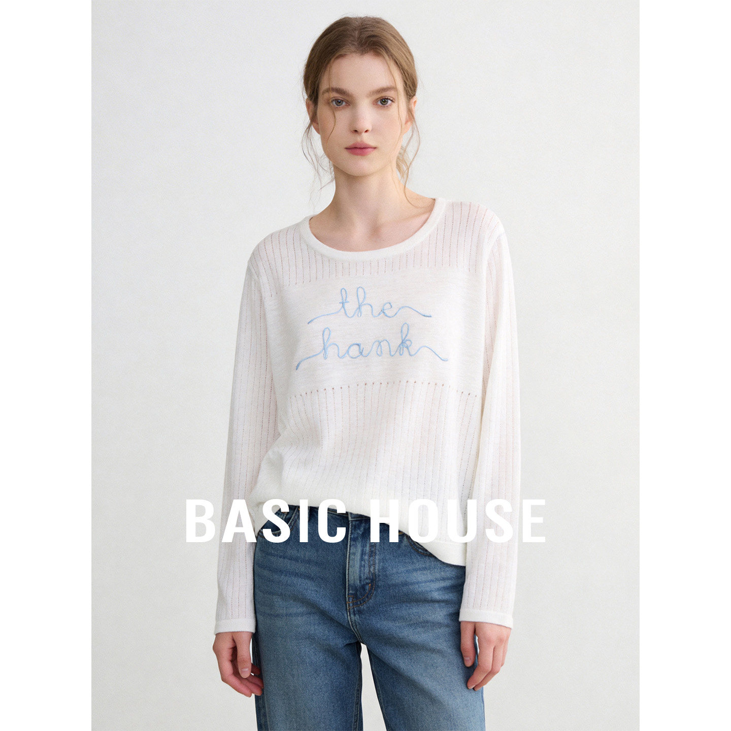 Basic House/百家好撞色刺绣圆领宽松针织衫秋季套头镂空轻薄上衣