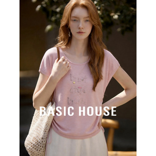Basic House/百家好松弛感粉色显白显瘦圆领针织短袖女夏韩系上衣