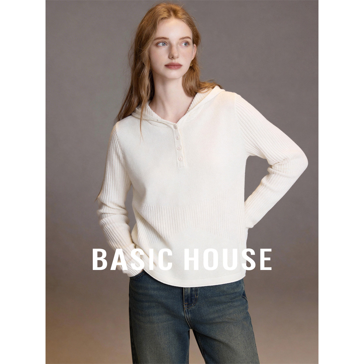 Basic House/百家好纯色连帽长袖针织衫绵羊毛宽松百搭半开扣上衣