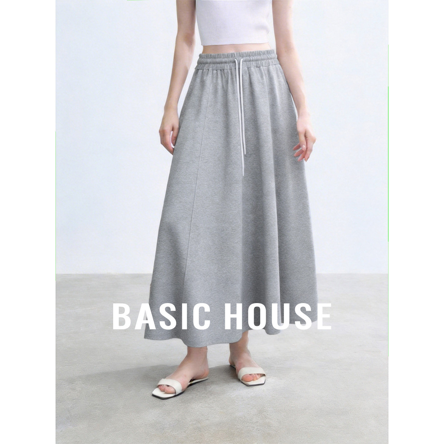 Basic House/百家好2026秋季灰色抽绳长款半身裙秋松紧腰宽松裙子