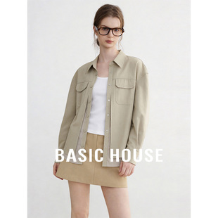 女春季 Basic 衬衫 百家好卡其色工装 条纹下摆假两件宽松上衣 House