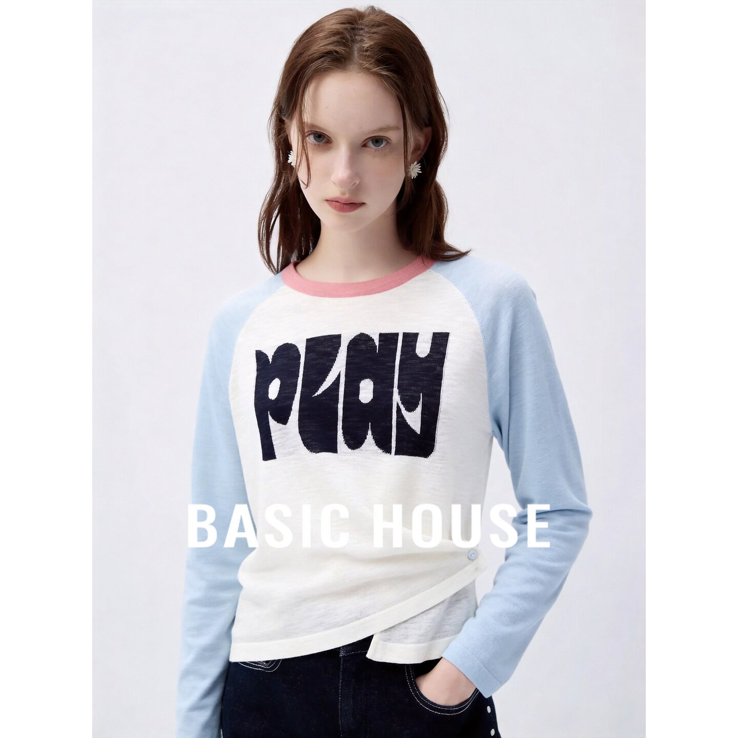 Basic House/百家好撞色插肩袖长袖T恤女秋季新款不规则下摆上衣