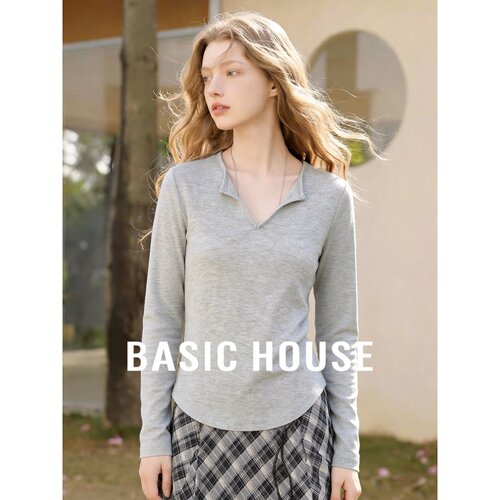 Basic House/百家好灰色V领山羊绒长袖T恤女秋季修身显瘦百搭上衣