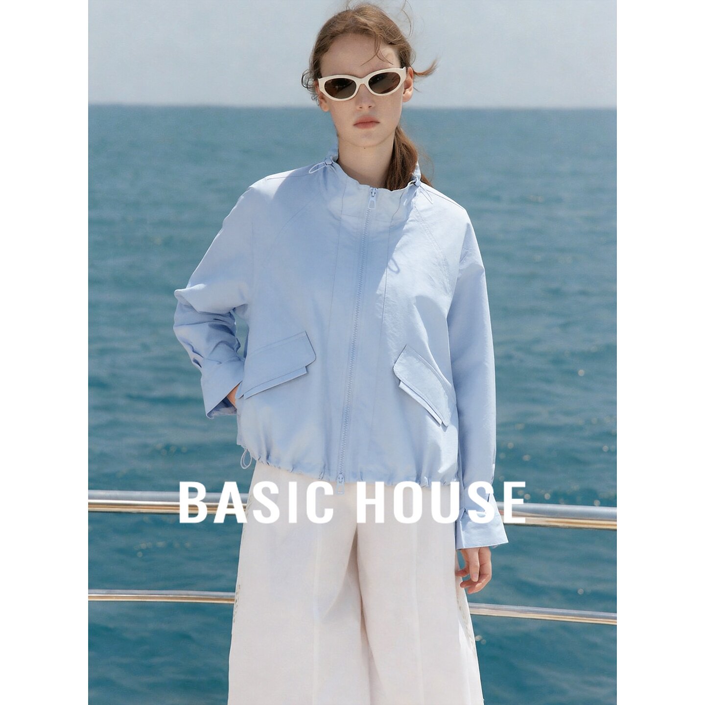 Basic House/百家好2026夏季蓝色清新立领下摆抽绳设计短款外套女