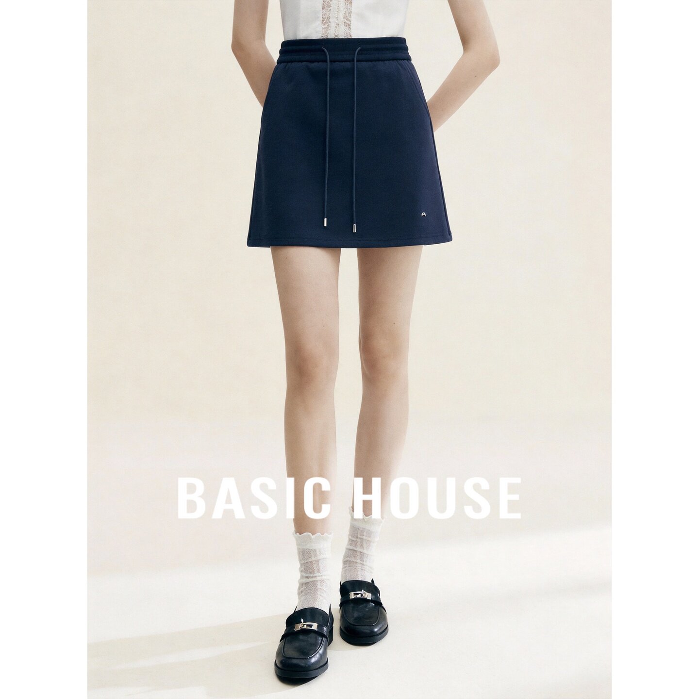 Basic House/百家好简约高腰A字半身裙藏青色抽绳短裙小个子半裙